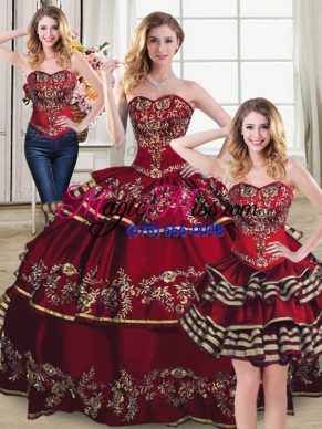 Beauteous Embroidery and Ruffled Layers Ball Gown Prom Dress Wine Red Lace Up Sleeveless Floor Length