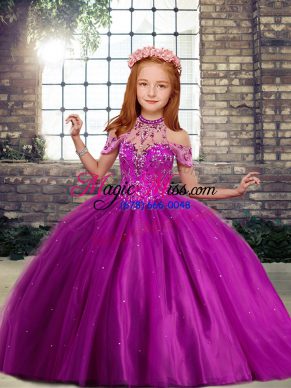 Latest Fuchsia Ball Gowns High-neck Sleeveless Tulle Floor Length Lace Up Beading Little Girls Pageant Gowns