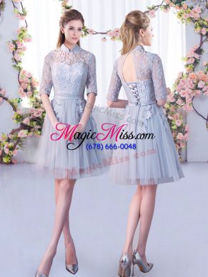 Mini Length Grey Wedding Party Dress Half Sleeves Lace