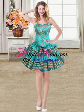 Sleeveless Mini Length Embroidery and Ruffled Layers Lace Up Prom Dress with Teal