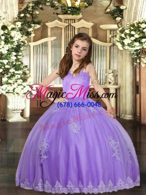 Perfect Lavender Lace Up Straps Appliques Pageant Dress for Teens Tulle Sleeveless