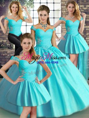 Charming Tulle Off The Shoulder Sleeveless Lace Up Beading 15 Quinceanera Dress in Aqua Blue