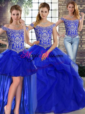 Modern Royal Blue Off The Shoulder Neckline Beading and Ruffles Sweet 16 Quinceanera Dress Sleeveless Lace Up