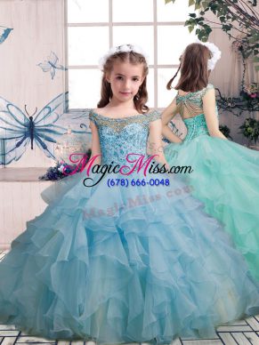 Perfect Beading and Ruffles Girls Pageant Dresses Light Blue Lace Up Sleeveless Floor Length