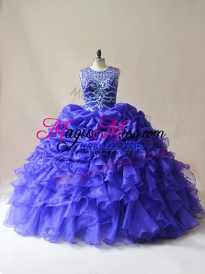 Purple Organza Lace Up Scoop Sleeveless Floor Length 15th Birthday Dress Beading and Ruffles and Pick Ups