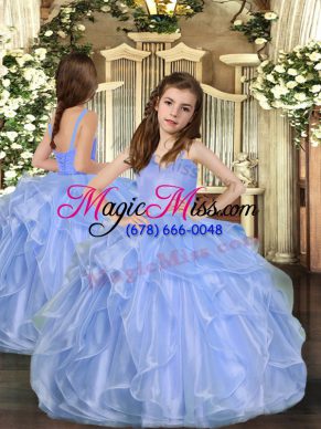 Sleeveless Organza Floor Length Lace Up Kids Pageant Dress in Blue with Ruffles