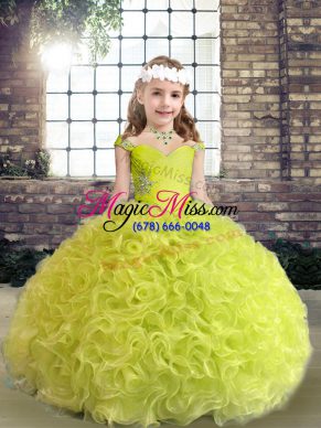 Yellow Green Fabric With Rolling Flowers Lace Up Little Girls Pageant Dress Sleeveless Floor Length Beading and Ruffles