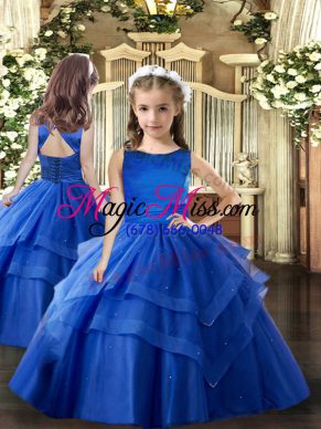 Fashionable Floor Length Ball Gowns Sleeveless Royal Blue Little Girls Pageant Dress Wholesale Lace Up