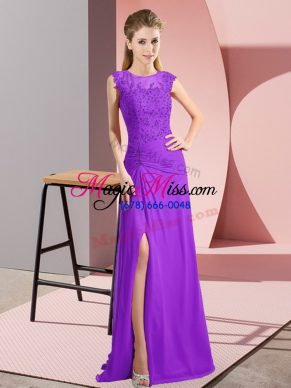 Deluxe Scoop Sleeveless Juniors Evening Dress Floor Length Beading and Lace Purple Chiffon