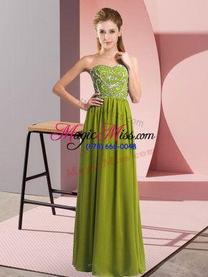 High Quality Sleeveless Chiffon Floor Length Lace Up Prom Party Dress in Olive Green with Beading