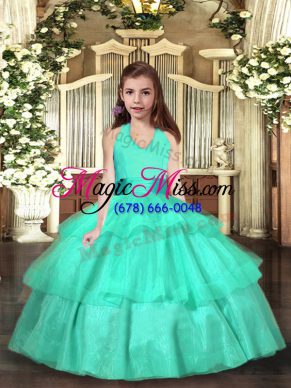 Strapless Sleeveless Lace Up Little Girl Pageant Dress Turquoise Organza