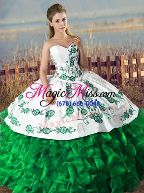 Great Dark Green Ball Gowns Sweetheart Satin and Organza Lace Up Embroidery and Ruffles 15 Quinceanera Dress