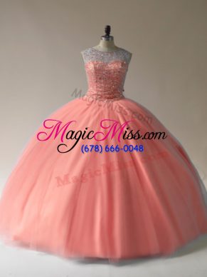 Peach 15th Birthday Dress Sweet 16 and Quinceanera with Beading Scoop Sleeveless Lace Up