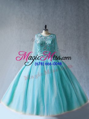 Fancy Long Sleeves Floor Length Beading Lace Up Quinceanera Dress with Aqua Blue
