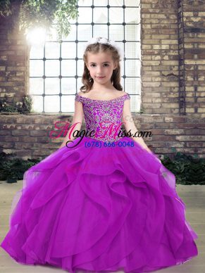 Purple Off The Shoulder Neckline Beading and Ruffles Pageant Dress Womens Sleeveless Lace Up