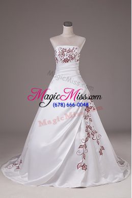 Stunning Satin Sleeveless Wedding Gowns Brush Train and Embroidery