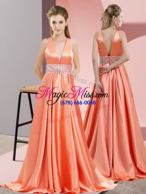 High Class Elastic Woven Satin Sleeveless Prom Gown Brush Train and Beading