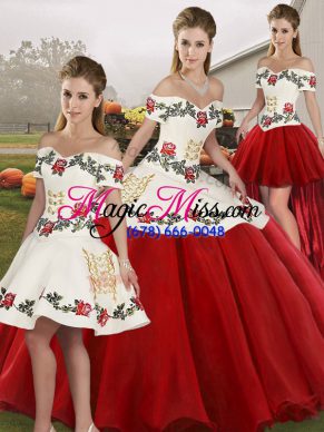 Artistic White And Red Organza Lace Up Off The Shoulder Sleeveless Floor Length Sweet 16 Dresses Embroidery