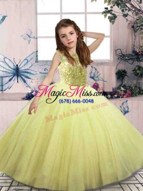 Glorious Yellow Green Tulle Lace Up Little Girls Pageant Dress Sleeveless Floor Length Beading
