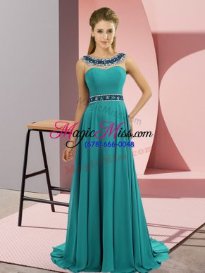 Amazing Zipper Dress for Prom Teal for Prom and Party with Beading Brush Train