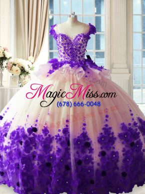 Luxury White And Purple Ball Gowns Tulle Scoop Sleeveless Hand Made Flower Zipper 15 Quinceanera Dress Brush Train