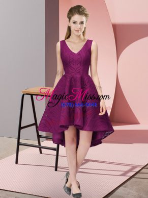 Suitable Sleeveless High Low Lace Zipper Quinceanera Court Dresses with Dark Purple