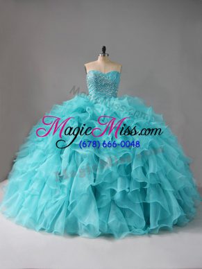 Aqua Blue Sleeveless Organza Lace Up Quinceanera Gowns for Sweet 16 and Quinceanera