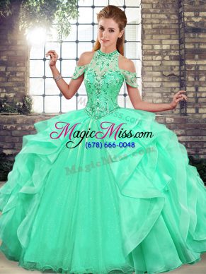 Floor Length Apple Green Sweet 16 Quinceanera Dress Halter Top Sleeveless Lace Up