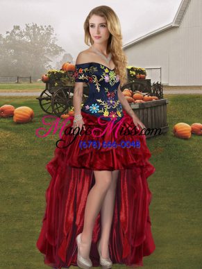 Inexpensive Wine Red Prom Dress Prom and Party with Embroidery and Ruffles Off The Shoulder Sleeveless Lace Up