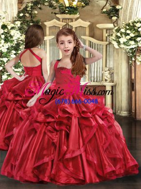 New Style Straps Sleeveless Pageant Gowns For Girls Floor Length Ruffles Red Organza