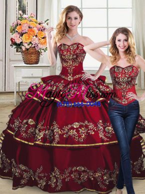 Pretty Wine Red Sweetheart Lace Up Embroidery and Ruffled Layers Quinceanera Dress Sleeveless