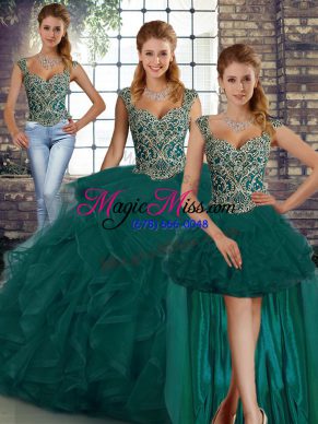 Sleeveless Floor Length Beading and Ruffles Lace Up Ball Gown Prom Dress with Peacock Green