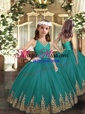Turquoise Zipper V-neck Embroidery Child Pageant Dress Tulle Sleeveless