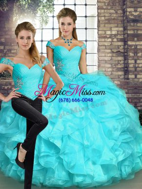 Customized Aqua Blue Organza Lace Up Off The Shoulder Sleeveless Floor Length 15 Quinceanera Dress Beading and Ruffles