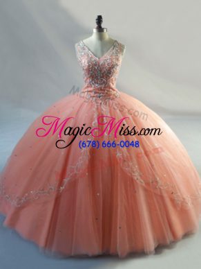 Peach Ball Gowns Tulle V-neck Sleeveless Beading Floor Length Lace Up Ball Gown Prom Dress