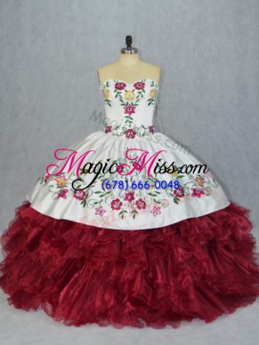 High Quality White And Red Ball Gowns Embroidery and Ruffles Quinceanera Dresses Lace Up Organza Sleeveless Floor Length