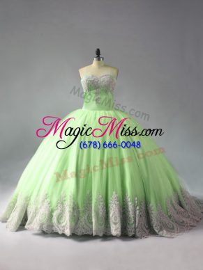 Lace Up Sweet 16 Dress Yellow Green for Sweet 16 and Quinceanera with Beading and Appliques Court Train