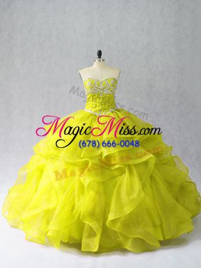 Trendy Organza Sweetheart Sleeveless Lace Up Beading and Ruffles Quinceanera Dress in Yellow Green