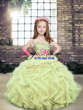 Perfect Yellow Green Ball Gowns Tulle Straps Sleeveless Beading and Ruffles Floor Length Lace Up Little Girls Pageant Dress Wholesale