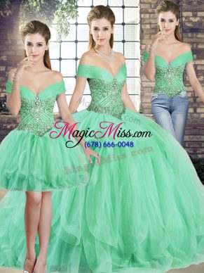 High End Sleeveless Floor Length Beading and Ruffles Lace Up Sweet 16 Quinceanera Dress with Apple Green