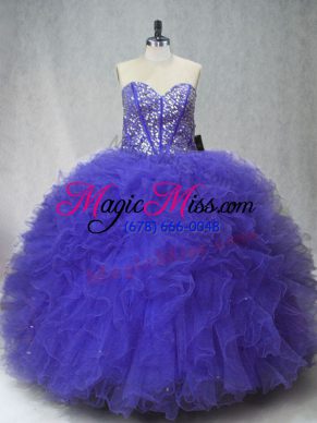 Glittering Purple Ball Gowns Tulle Sweetheart Sleeveless Beading and Ruffles Floor Length Lace Up Sweet 16 Dresses
