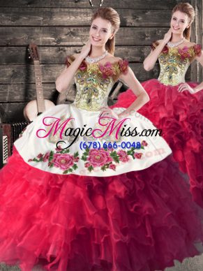 Off The Shoulder Sleeveless Sweet 16 Dress Floor Length Embroidery and Ruffles Pink And White Satin and Organza