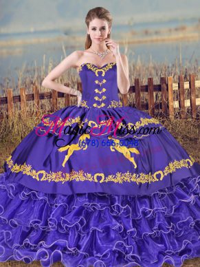 Embroidery and Ruffled Layers Quince Ball Gowns Purple Lace Up Sleeveless Brush Train