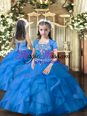 Hot Sale Floor Length Lace Up Pageant Dress for Girls Blue for Military Ball and Wedding Party with Beading and Ruffles