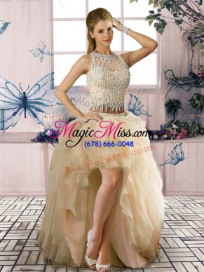 Champagne Two Pieces Beading and Ruffles Homecoming Party Dress Clasp Handle Tulle Sleeveless High Low