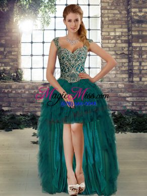 Cute Dark Green A-line Straps Sleeveless Organza High Low Lace Up Beading and Ruffles High School Pageant Dress