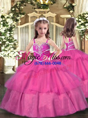 Elegant Lilac Ball Gowns Tulle Straps Sleeveless Beading and Ruffled Layers Floor Length Lace Up Little Girl Pageant Gowns