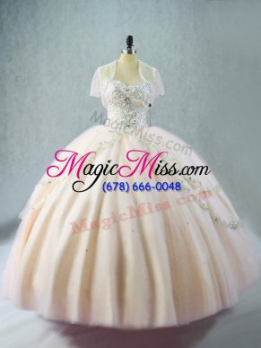 Floor Length Pink Sweet 16 Dresses Tulle Sleeveless Beading