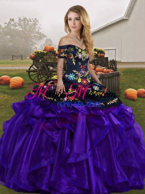 Custom Designed Sleeveless Organza Floor Length Lace Up Quince Ball Gowns in Black And Purple with Embroidery and Ruffles