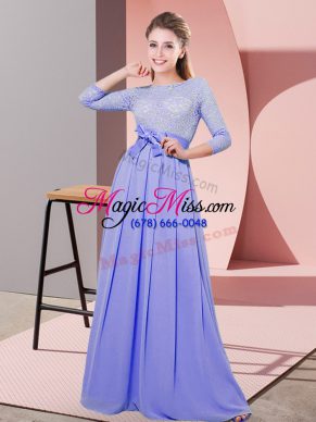 Spectacular 3 4 Length Sleeve Chiffon Floor Length Side Zipper Quinceanera Court of Honor Dress in Lavender with Lace and Belt